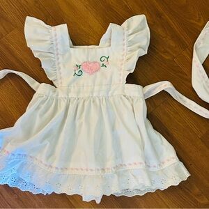 Vintage late 70s 80s White Ruffled Apron dress Pink Heart Embroidery eyelit trim